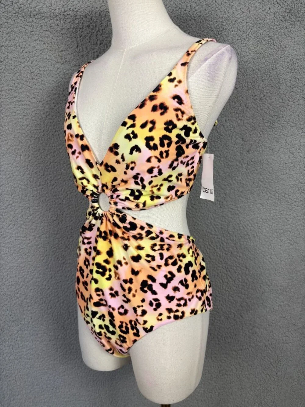 Bar III Leopard Print Monokini One-Piece Ring Detail Swimsuit Multi Size Lg NWT.